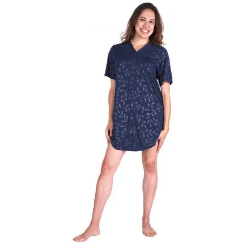 Cool-jams - From: T2115-NL To: T2115-VL  New Womens Moisture Wicking Snap Front Nightshirt, Navy Leaf